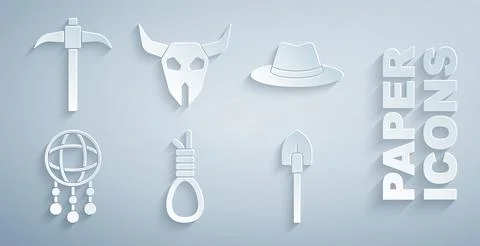 Set Gallows rope loop hanging, Western cowboy hat, Dream catcher with feathers Illustrazione stock