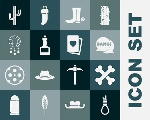 Set Gallows rope loop hanging, Crossed human bones, Bang boom, gun Comic, Cow Illustrazione stock