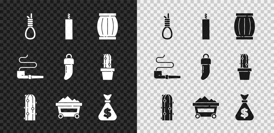 Set Gallows rope loop hanging, Dynamite bomb, Gun powder barrel, Cactus, Coal Stock Illustration