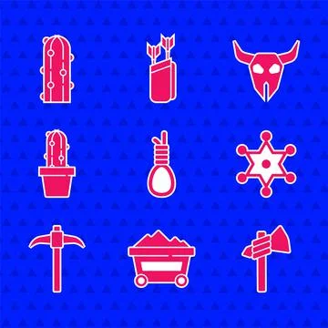 Set Gallows rope loop hanging, Coal mine trolley, Tomahawk axe, Hexagram sheriff Stock Illustration