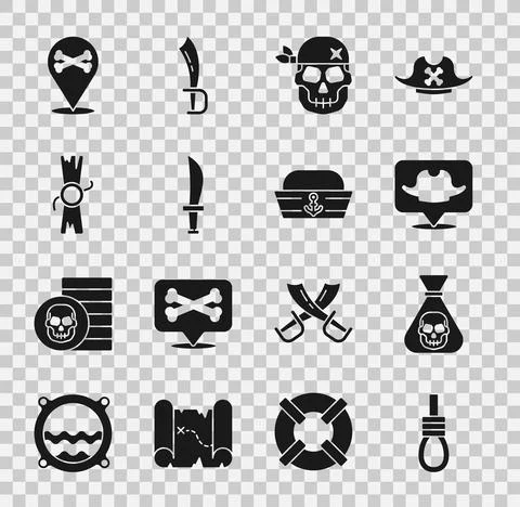 Set Gallows rope loop hanging, Pirate coin, Location pirate, Skull, sword Stock Illustration