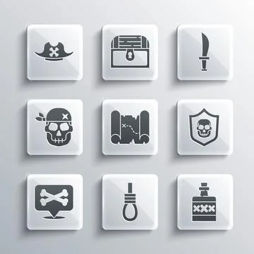 Set Gallows rope loop hanging, Alcohol drink Rum, Shield with pirate skull Stock Illustration