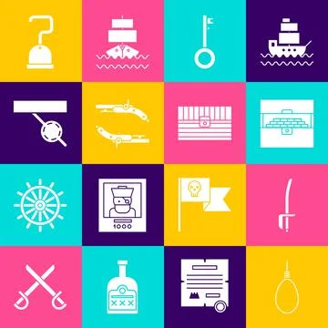 Set Gallows rope loop hanging, Pirate sword, Antique treasure chest, key Illustrazione stock