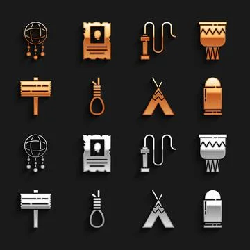 Set Gallows rope loop hanging, Drum, Bullet, Indian teepee or wigwam, Road Illustration