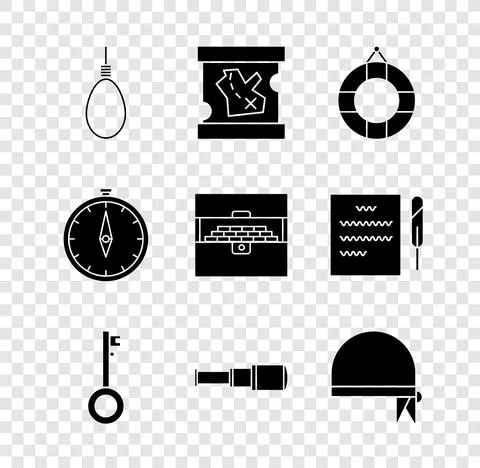 Set Gallows rope loop hanging, Pirate treasure map, Lifebuoy, key, Spyglass Illustrazione stock