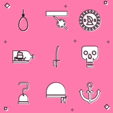 Set Gallows rope loop hanging, Pirate eye patch, coin, Bottle with ship inside Stock Illustration