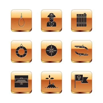 Set Gallows rope loop hanging, Antique treasure chest, Tropical island ocean Stock Illustration