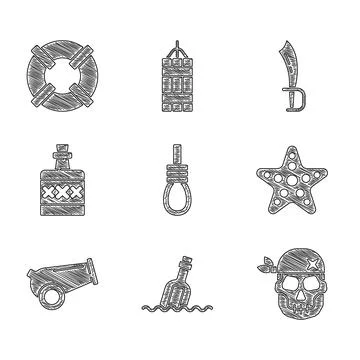 Set Gallows rope loop hanging, Bottle with message water, Skull, Starfish Stock Illustration