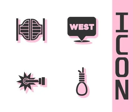 Set Gallows rope loop hanging, Saloon door, Spur and Pointer to wild west icon Stock Illustration