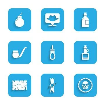 Set Gallows rope loop hanging, Decree, parchment, scroll, Pirate coin, Alcoho 스톡 일러스트