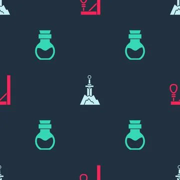 Set Gallows, Sword in the stone and Poison bottle on seamless pattern. Vector Stock Illustration