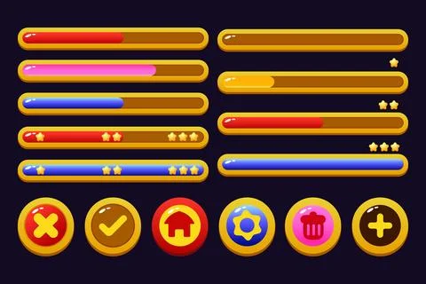 Set of game assets menu buttons popup screens and settings buttons red and .. Stock Illustration