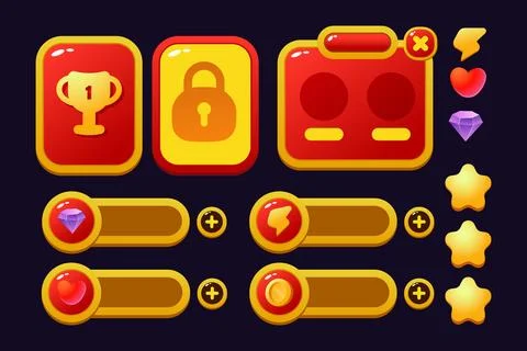Set of game assets menu buttons popup screens and settings buttons red and .. Stock Illustration