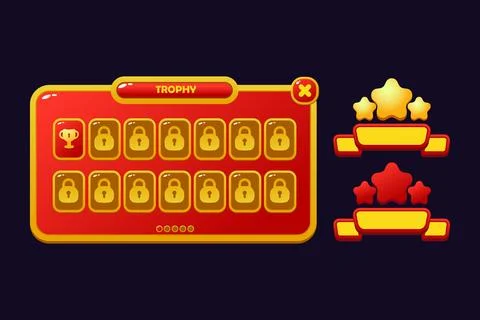 Set of game assets menu buttons popup screens and settings buttons red and .. Stock Illustration