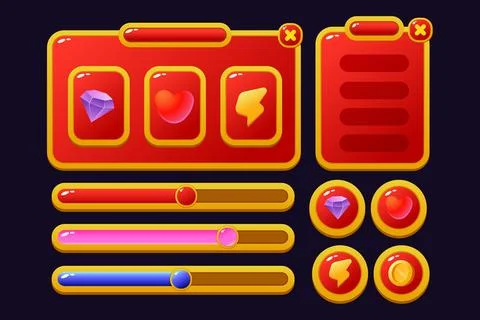 Set of game assets menu buttons popup screens and settings buttons red and .. Stock Illustration