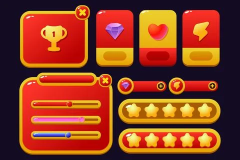 Set of game assets menu buttons popup screens and settings buttons red and .. Stock Illustration