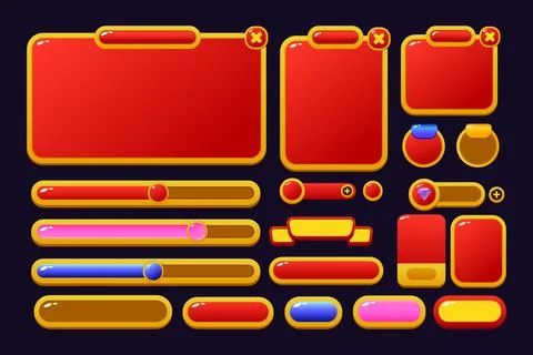 Set of game assets menu buttons popup screens and settings buttons red and .. Stock Illustration