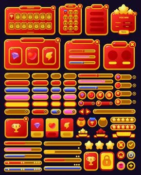 Set of game assets menu buttons popup screens and settings buttons red and .. Stock Illustration