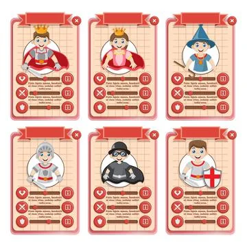 A set of game cards with the with the image of medieval characters. Stock Illustration