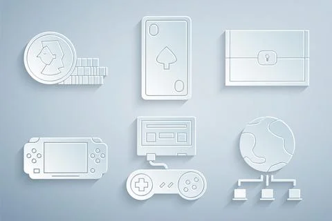 Set Game console with joystick, Chest for game, Portable video, Computer network Stock Illustration