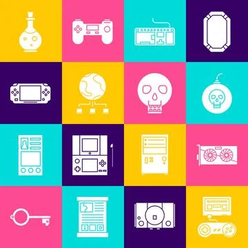 Set Game console with joystick, Video graphic card, Bomb ready to explode Stock-Illustration