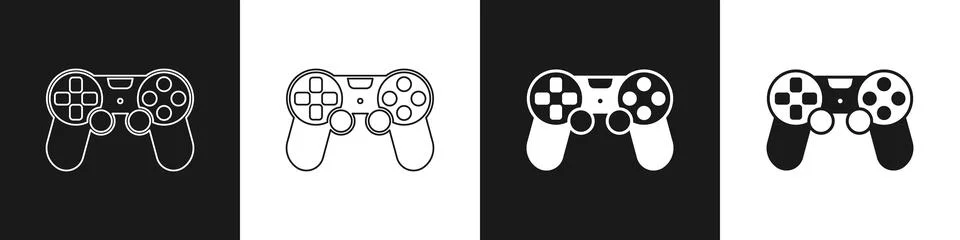 Set Game controller or joystick for game console icon isolated on black and Stock Illustration