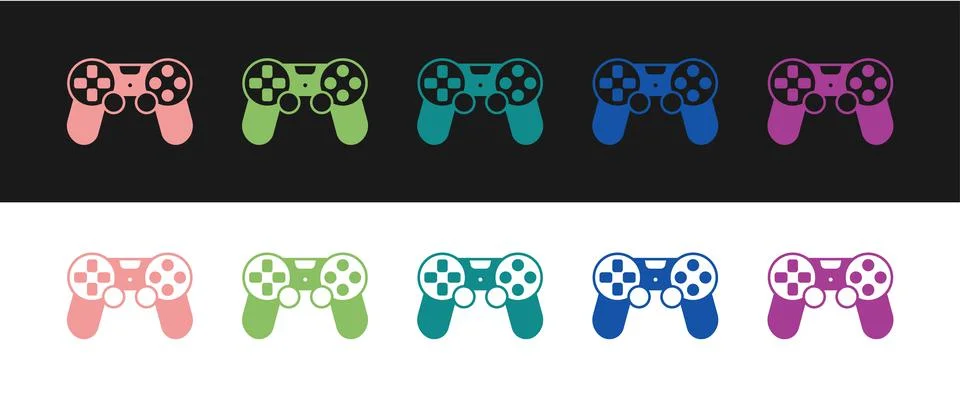 Set Game controller or joystick for game console icon isolated on black and Illustrazione stock