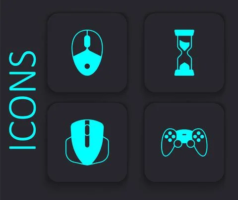 Set Game controller or joystick, Computer mouse, Old hourglass and icon. Black Stock Illustration