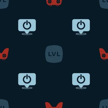 Set Game controller or joystick, Level game and Power button on seamless pattern Stock Illustration