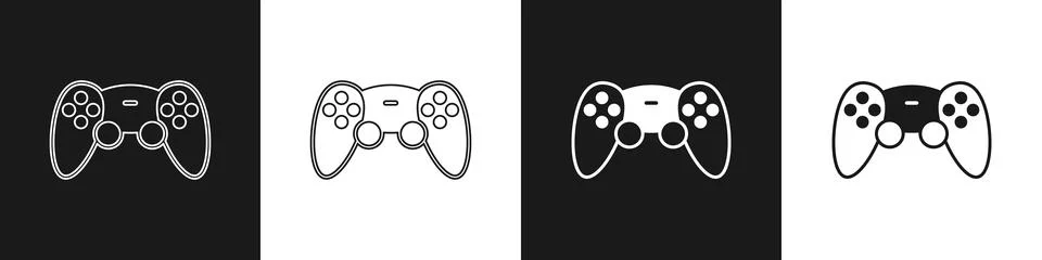 Set Game controller or joystick for game console icon isolated on black and Illustrazione stock