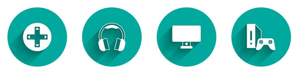 Set Game controller or joystick, Headphones, Computer monitor and console with Illustrazione stock