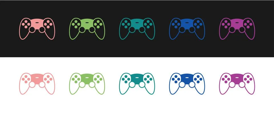 Set Game controller or joystick for game console icon isolated on black and w Stock Illustration