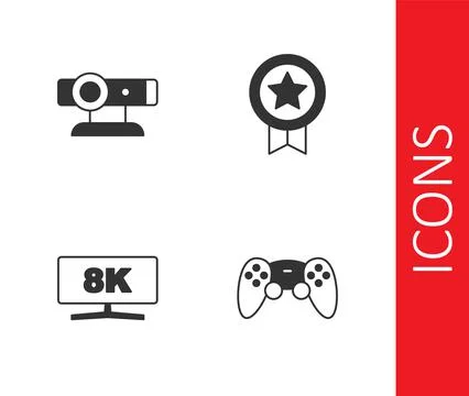 Set Game controller or joystick, Web camera, Computer monitor and rating with Illustrazione stock