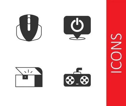 Set Game controller or joystick, Computer mouse, Chest for game and Power button Stock Illustration