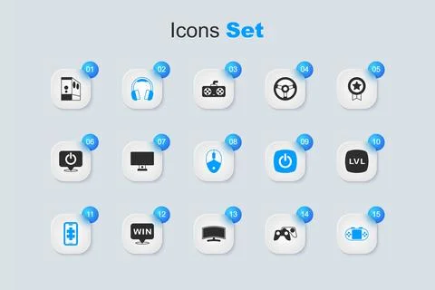 Set Game controller or joystick, Computer monitor, Headphones, Mobile gamin.. 스톡 일러스트