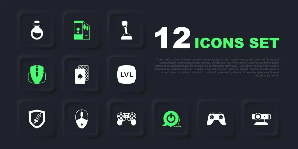 Set Game controller or joystick, Web camera, Playing cards, Power button, C.. 스톡 일러스트