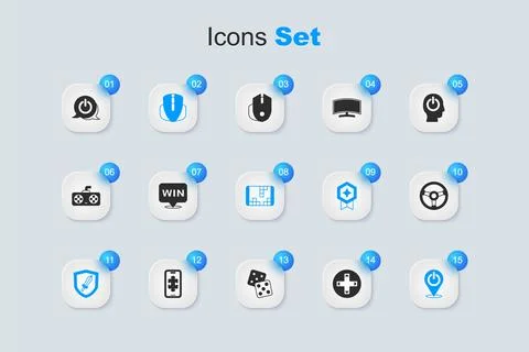 Set Game controller or joystick, Medal, Computer mouse, Sword for game, Pow.. Illustrazione stock