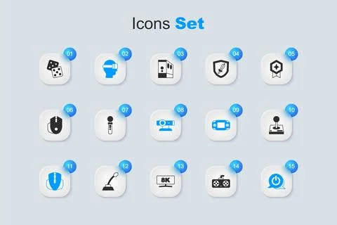 Set Game controller or joystick, VR game, Virtual reality glasses, Computer.. Stock Illustration