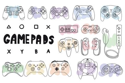 Set of game controllers in hand drawn style イラスト素材