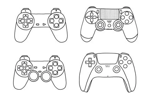 Set of game controllers in hand drawn outline doodle style Stock Illustration