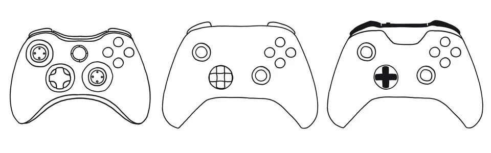 Set of game controllers in hand drawn outline doodle style Stock Illustration