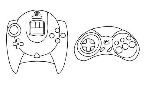 Set of game controllers in hand drawn outline doodle style Stock Illustration