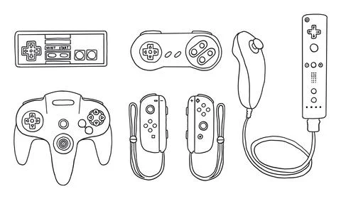 Set of game controllers in hand drawn outline doodle style Stock Illustration