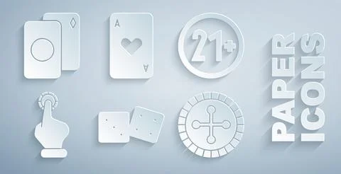 Set Game dice, 21 plus, Hand holding casino chips, Casino roulette wheel Illustration