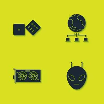 Set Game dice, Alien, Video graphic card and Computer network icon. Vector イラスト素材