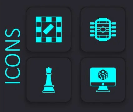 Set Game dice, Board game, Table football and Chess icon. Black square button Stock Illustration
