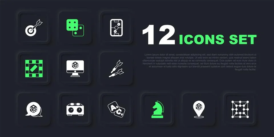 Set Game dice, Board game, Chess, Time chess clock,  and Bingo icon. Vector Stock Illustration
