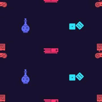 Set Game dice, Bottle with magic elixir, Video game console and joystick on s Stock Illustration