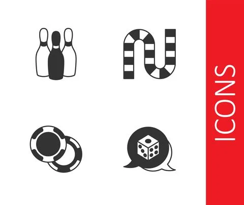 Set Game dice, Bowling pin, Casino chips and Board game icon. Vector Stock Illustration