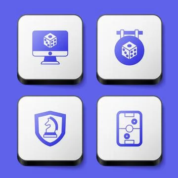 Set Game dice, Chess and Air hockey table icon. White square button. Vector Illustrazione stock